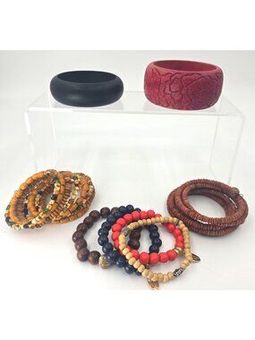 Lot of 8 Wood Bracelets Boho Bangle Stretch Beaded Wrap Bracelet Hippie Festival
